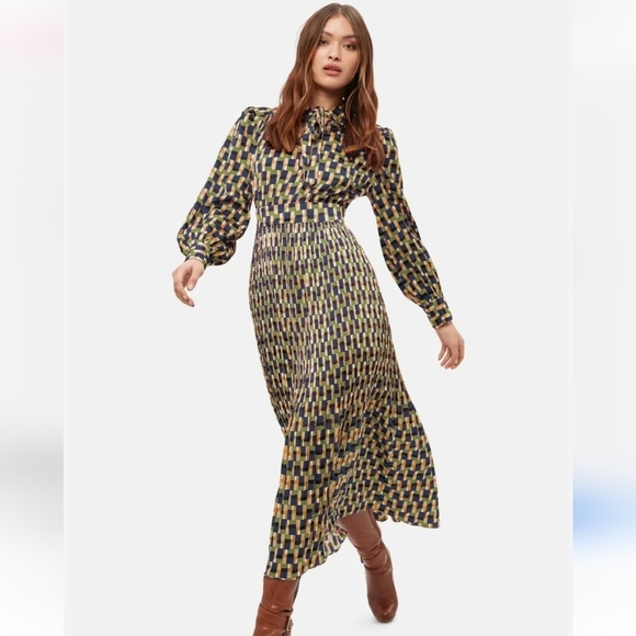 HL AFFAIR Mod Printed Wrap Maxi Long Sleeve Dress In Mustard/white/grey. S/M NWT - Picture 15 of 16